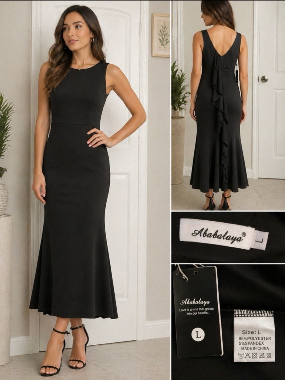 Ababalaya Black Midi Dress Sleeveless Ruffle Back Elegant L